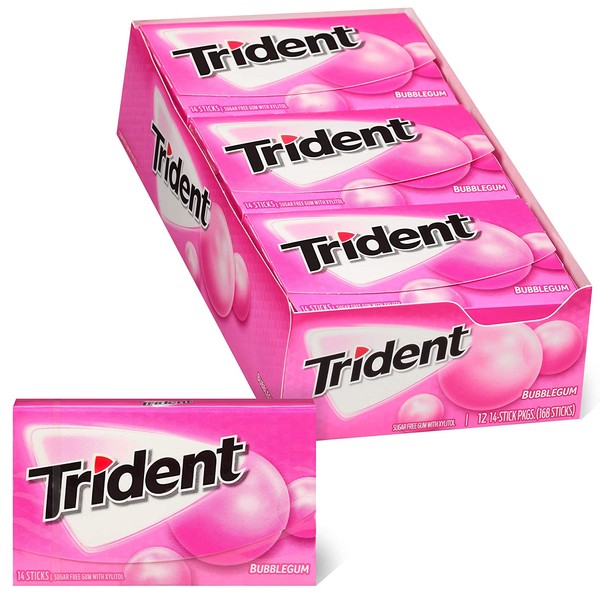 Trident Bubblegum Sugar Free Gum, Made with Xylitol, 12 Packs of 14 Pieces (168 Total Pieces)