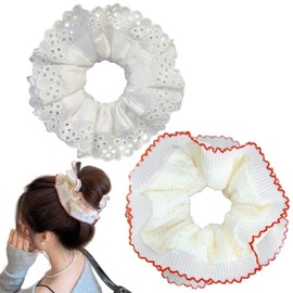 2 PCS White Large Lace Scrunchies for Women Oversized Scrunchy Hair Ties Satin Hair Scrunchies Ponytail Hair Holder Accessories for Women Thick Curly (2P white)