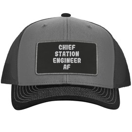 Chief Station Engineer AF - Leather Black Patch Engraved Trucker Hat, Grey-Steel, One Size