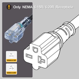 1FT Nema 6-20P to 6-15R / 6-20R Extension Cord, 20 Amp 250 Volt 12AWG Nema 6-20 Heavy Duty Extension Cable, Nema 6-20R T-Blade Cord with Red Indicator Light for Air Conditioner, Black