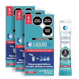 LIQUID I.V. Electrolitos y Vitaminas en Polvo para preparar Bebida Hidratante sabor Fresa, 8 Sobres - 3 Pack