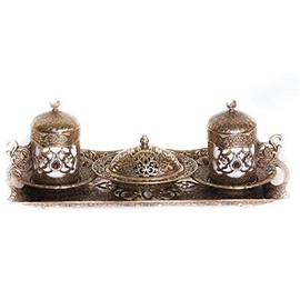 Traditional Turkish Style Coffee Serving Set with Colored Stone Insets (Antique Gold)
