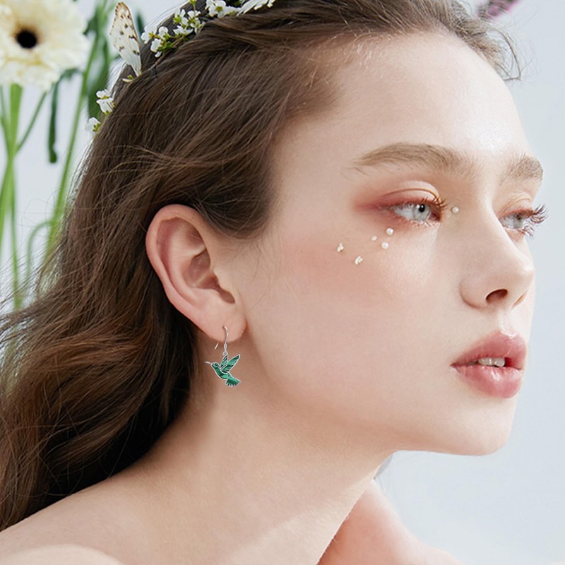 DAYLINLOVE Hummingbird Earrings Malachite 925 Sterling Silver Bird Dangle Earrings