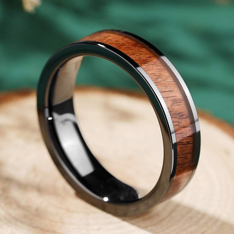 THREE KEYS JEWELRY 6mm Black Ceramic Wedding Ring with Real