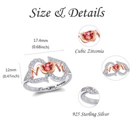 URMWMOO Mothers Ring 925 Sterling Silver Double Heart Red Birthstone I Love You Forever Mom Rings Jewelry Birthday Mothers Day Gifts for Women Mother Grandma Size 8