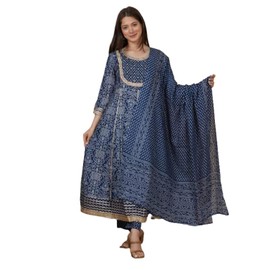Meera Fab Anarkali Kurta con estampado de algodón para mujer con palazzo y dupatta con trabajo a mano, Azul, X-Large