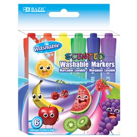 BAZIC Washable Fruit Scented Markers Broad Line 6 Color, Chisel Tip Broad Fine Line, Non Toxic Marcadorc Art School Supplies (6/Pack), 1-Pack