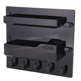 Bedside Shelf Wall Mount, Adhesive Bedside Shelf Accessories Organizer with Hooks and Cable Clips,Dorm Bedside Wall Storage for Phone, Remote, Earphone, Kindle,Plastic (5 Hooks Style-Black)