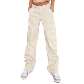 QYANGG High Waist Cargo Pants Women Stretch Baggy Cargo Pants Women Multiple Pockets Relaxed Fit Straight Wide Leg Y2K Pants Beige