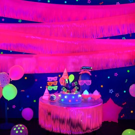 Mega-L Glow in The Dark Party Supplies, 4 Pack Foil Fringe Garland Birthday Party Decorations 9.8 ft Fluorescent Macaron Fuchsia Metallic Tinsel Streamers Banner, Glitter Photo Booth Prop Table Skirt