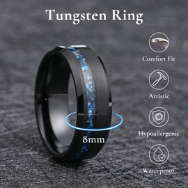 King Will 8mm Mens Black Brushed Wedding Band Blue Foils Inlay Tungsten Ring for Men Matte Surface Polished Beveled Edge Engagement Anniversary Rings Comfort Fit, Size 11