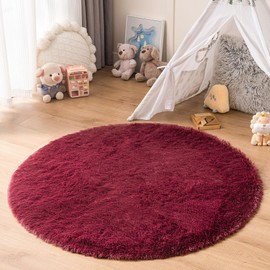 duduta Burgundy Fluffy Plush Round Rug 4x4 ft Furry Shag Circle Rug for Nursery Kids Room Bedroom Christmas Decor
