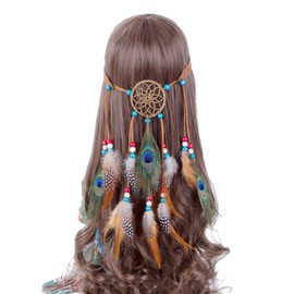 Hippie Headband Feather Dreamcatcher Headdress - AWAYTR Boho Feather Headwear Feather Headpiece Hippie Peacock Feather Festival Hair Band (Brown)