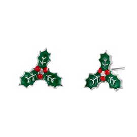 Mistletoe Flower Christmas Stud Earrings Jewelry with Enamel & 925 Sterling Silver Back Posts