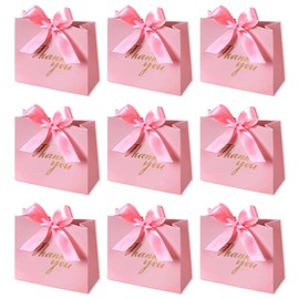 DECHISY 24Pack Small Thank You Party Favor Bags Treat Boxes with Rose Red Bow Ribbon, Pink Pattern Paper Gift Bags Bulk for Wedding Baby Shower Business Party Supplies