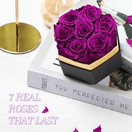 Casaido Forever Real Roses 7 Pcs, Preserved Flowers in a Box with I Love You Necklace, Flower for Delivery Prime Valentines Day Gift for Her Mothers Day Anniversary for Mom Wife Girlfriend, Purple