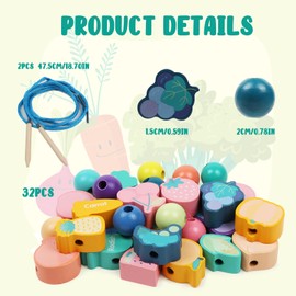 TRUEIN 33 Pieces Montessori Wooden Toy Threading Game, Wooden Beads for Threading Children from 2 3 4 5, Threading Game Educational Wood, Vegetable Fruit Beads Threading Game Toy for Girls and Boys