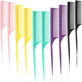 Leinuosen 10 Pcs Rat Tail Combs Set, Parting Comb Braiding Hair Styling Teasing Fine Tooth Comb for Women, Carbon Heat Resistant Anti Static Pintail(Assorted Color)