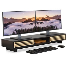 WELL WENG Dual Monitor Stand Riser with Sliding Door, Double Computer Laptop Stand Desk Shelf Organizer with Storage (Black + Natural Bamboo, 38 Inch)