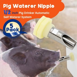 Terixe 5-Pack Pig Waterer Nipples with Water Tank Connectors - 1/2in Copper Head Stainless Steel Hog Waterer Kit for Barrel, Feeder & Poultry Watering Systems，Pig Nipple Waterer for Barrel Kit
