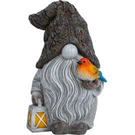 Mood Lab Garden Gnome - Stone Gnome Figurine - 9.1 Inch Tall Lawn Statue with Lantern and Bird - for Outdoor or House Decor