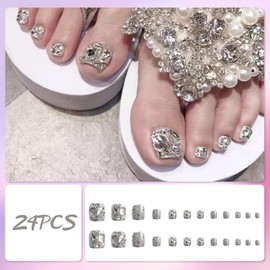 24Pcs Press on Toenails Short Square - Silver Rhinestones French Tip False Toenails - Summer Beach Fake Toe Nails Glossy Artificial Full Cover Shiny Glue on Toe Nails for Women Girls DIY Manicure
