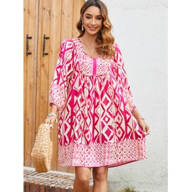 Qearal Hot Pink Floral Dress Women Summer Beach Vacation Loose Fit Bohemian Tunic Dress M