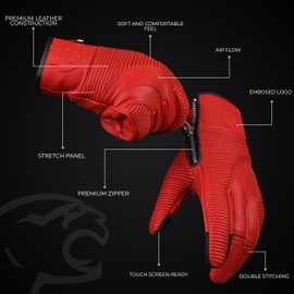 J.A.G. JAG Motorcycle Touchscreen Gloves - Red Leather Motorbike, Padded Powersports Racing Glove - Motorcycle Gloves for Men