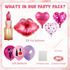 Spa Makeup Party Decorations Balloons - 11 Pieces Makeup Balloons, Lipstick, Red Lip, Pink Bow, Star, High Heels Foil Balloons for Girls Ladies Birthdays Bridal Showers Spa Party Makeup Theme Party
