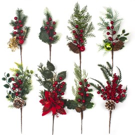 8Pack Artificial Christmas Picks - Assorted Red Berry Picks Stems & Faux Pine Picks Spray with Pinecones, Apples & Holly Leaves for Stunning Holiday Décor & Wreath Creations!