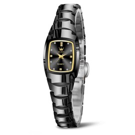 OLEVS Black Watches for Women Business Dress Analog Quartz Water Resistant Tungsten Steel Bracelet Womens Rectangle Square Face Watches for Small Wrists Easy to Read
