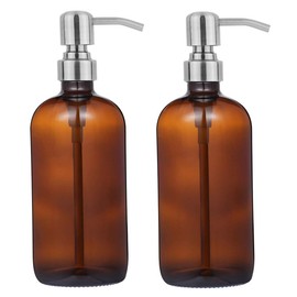 2 Pack Thick Amber Glass Pint Jar Soap Dispenser with Silver Stainless Steel Pump, 16ounce Boston Round Bottles Dispenser with Rustproof Pump for Essential Oil, Lotion Soap