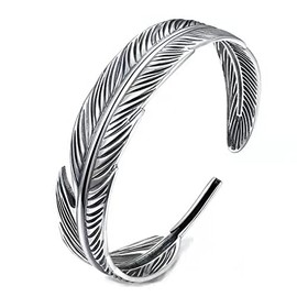 Sterling Silver Bracelet Vintage Distressed Feather Wide Ethnic Cuff Bangle Adjustable Open Couples Amulet Bracelet for Men Women Eternity Jewellery Holy, Silver