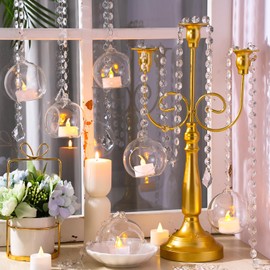 GlikCeil 56 Pcs 3.15'' Hanging Glass Tealight Holder with Clear K9 Crystal Garland Strands and Maple Leaf Pendants Globe Plant Terrariums Glass Orbs for Wedding Party and Christmas Tree Decoration
