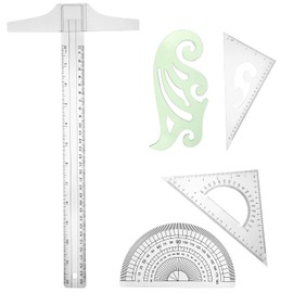 Frienda 5 Pieces Drafting Tools 12 Inch T-Square Ruler Plastic Transparent Drawing Ruler 180 Degree Protractor, 2 Triangles and a French Curve for Students and Engineering Drawing