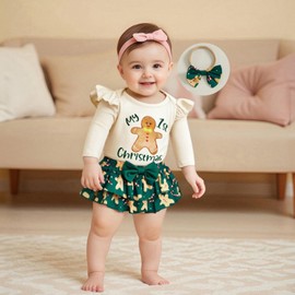 Rourufy My First Christmas Baby Girl Outfit Newborn Santa Gingerbread Onesie Skirts Shorts Set Infant Fall Winter Clothes (A Gingerbread Green, 0-3 Months)