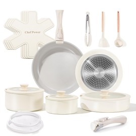 Chef Power Ceramic Nonstick Pots and Pans Set 19 Piece with Detachable Handle, Induction Dishwasher Oven Safe Cookware Set, RV Kitchen Set Removable Handle, Granite Grey and White
