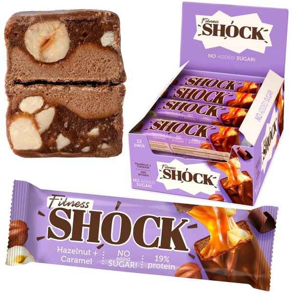 FitnesSHOCK Protein Bar Set Protein Bar without Added Sugar with High 20% Protein Content, Low Carb Fitness Protein Bar, Almost Sugar-Free (1 g) High-Fibre, Hazelnut Chocolate with Caramel, 12 x 50 g