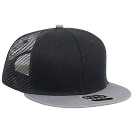 Otto SNAP Cotton Twill Round Flat Visor 6 Panel Mesh Back Trucker Snapback - Gry/Blk/Blk
