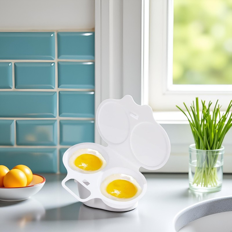 1Pc White Egg Poacher, Microwave Egg Boiler Poacher, 2 Cavity