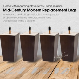 La Vane 6 inch Wooden Furniture Legs, Set of 6 Solid Wood Square Walnut Mid-Century Modern Replacement Bun Feet with Pre-Drilled 5/16 Inch Bolt & Mounting Plate & Screws for Couch Sofa Armchair