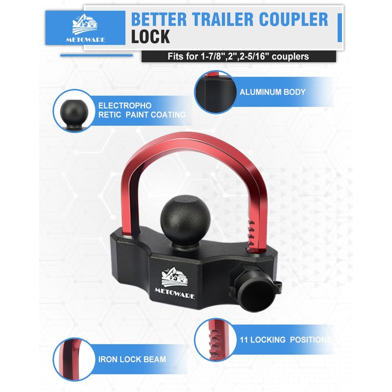 METOWARE Universal Trailer Coupler Ball Lock, Adjustable Heavy-Duty Trailer Hitch