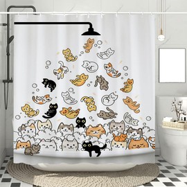 cokomi Cute Cat Shower Curtain for Kids, Cartoon Colorful Hilarious Kitties Playing Water Funny Cat Shower Curtains for Bathroom, Waterproof Fabric Children Bathtub Decor with Hooks 71x71 inch