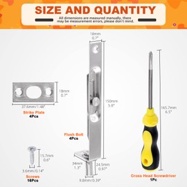 Tanstic 25Pcs Flush Bolt Kit, 6 Inch Silver Stainless Steel Door Flush Bolt Latch Sliding Bolt Lock, Concealed Security Door Bolt Latch Door Locks with Screwdriver for Double Doors, French Doors