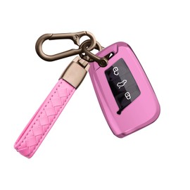 x xotic tech for Volkswagen Key Fob Cover Case with Leather Keychain Soft TPU Protection Key case Skin Compatible with VW Atlas Golf Alltrack Tiguan Jetta Passat Remote Smart Keyless Entry(Pink)