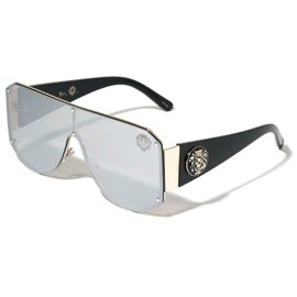 Kleo Oversized Shield One piece Lens Lion Head Medallion Luxury Sunglasses (Black & Gold Frame, Silver Mirror Lens)