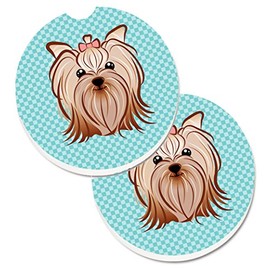 Caroline's Treasures BB1142CARC Checkerboard Blue Yorkie Yorkishire Terrier Set of 2 Cup Holder Car Coasters Absorbent Sandstone Coasters for Car Cup Holders Gifts for Men or Women, Large, Multicolor