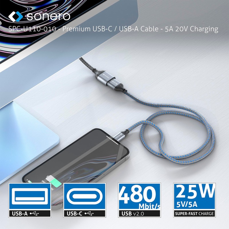 Sonero® USB-C auf USB-A Ladekabel, Handy-Ladekabel, Schnellladekabel USB C, USB