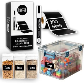 200 Chalkboard Labels for Storage Bins, Removable Black Stickers with Chalk Marker, Pantry Containers and Storage Bin Organization