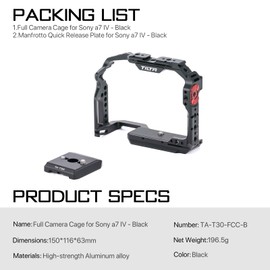 TILTA Full Camera Cage Compatible with Sony a7 IV a1 S3 R4 73 R3 A9 with Manfrotto Quick Release Plate, Video Movie Filmmaking Rig TA-T30-FCC-B